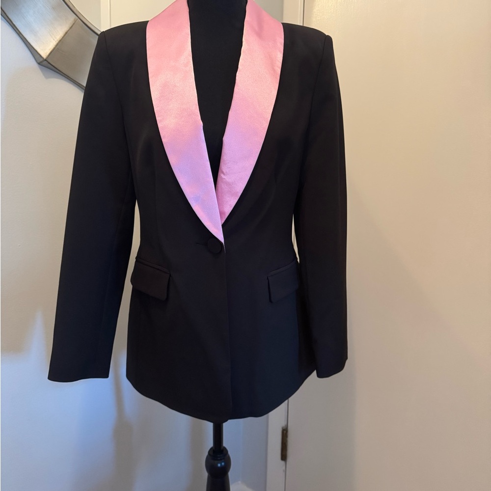 Black Blazer with Pink Satin Shawl Collar